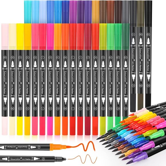 NEW Art Supplies Brush Markers Pens for Adult Coloring Books School 34 Count Dua - Picture 2 of 13